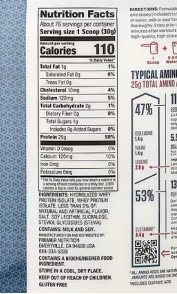 Tabla nutricional y perfil de aminoácidos de Dymatize ISO 100 5 lbs con 25g de proteína y 5.5g de BCAAs.