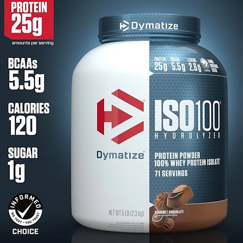 Bote de proteína Dymatize ISO 100 5 lbs sabor Gourmet Chocolate aislado e hidrolizado.
