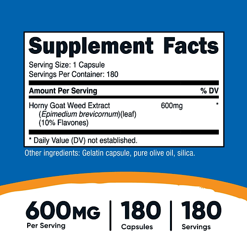 Etiqueta de ingredientes y valores del Horny Goat Weed de Nutricost.
