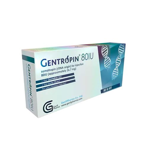 Empaque original de Gentropin 80 IU, hormona de crecimiento recombinante humana.