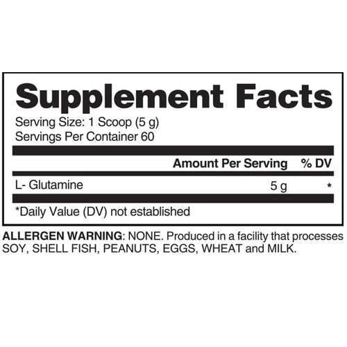 Tabla de información nutricional de Evogen Glutamina 300 grs