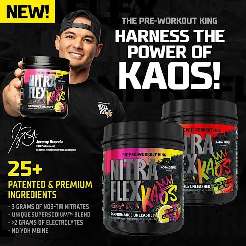Imagen del suplemento pre-entrenamiento Nitraflex Kaos con beneficios únicos para atletas.