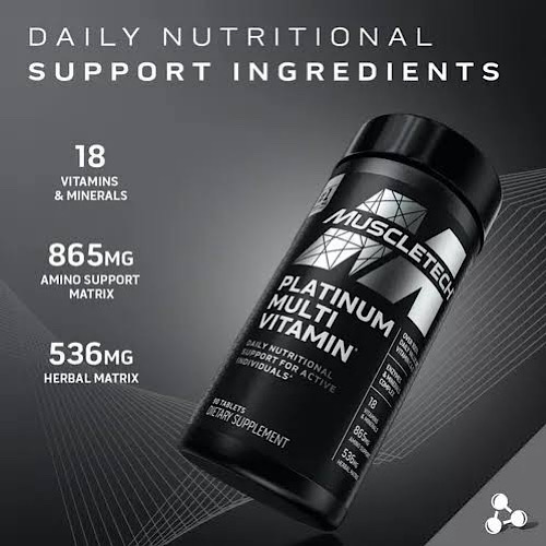 Composición de Muscletech Platinum Multivitamin con 18 vitaminas y minerales.