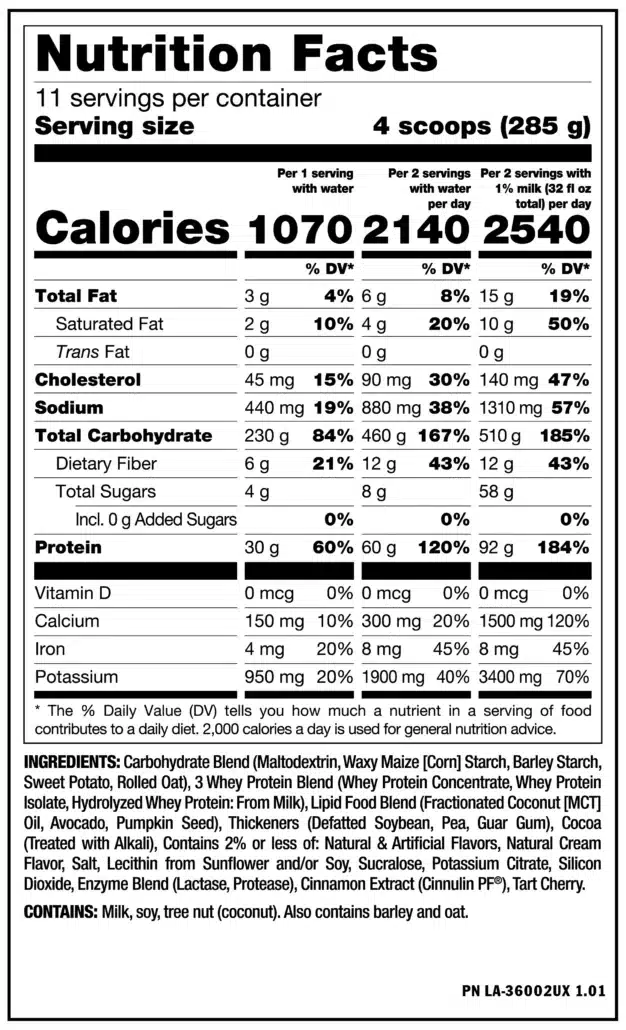 Información nutricional de Mutant Mass XXXTREME 2500