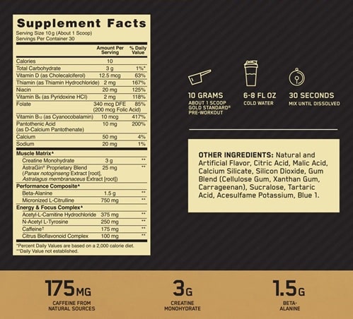 Optimum Gold Standard Pre-Workout 30 servicios informacion nutricional
