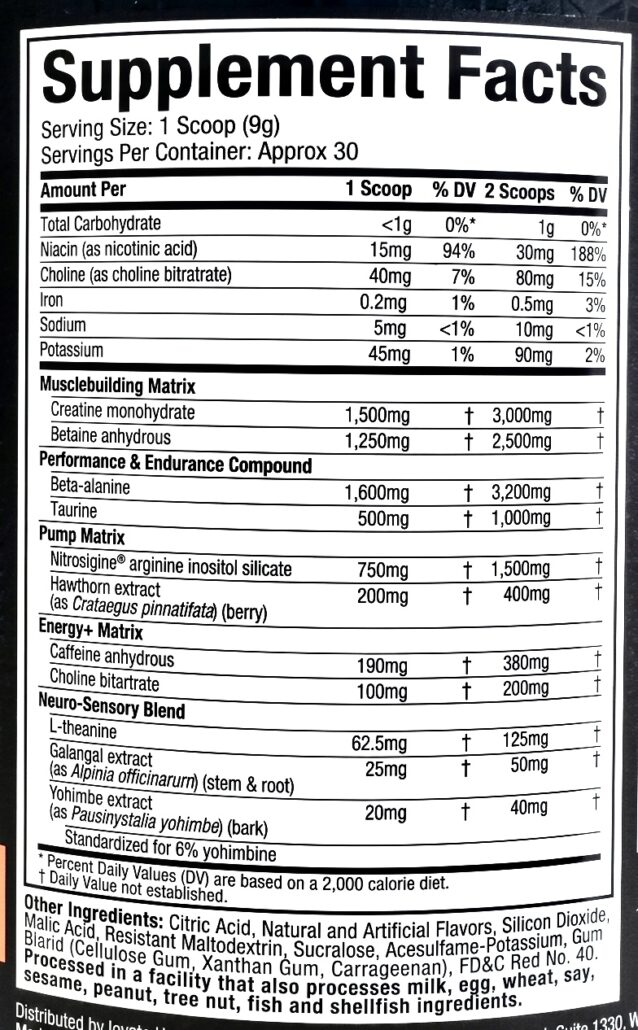 Información nutricional del producto vapor x