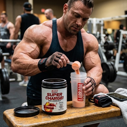 Culturista sirviendo un cazo de pre entreno Labrada Super Charge en un shaker