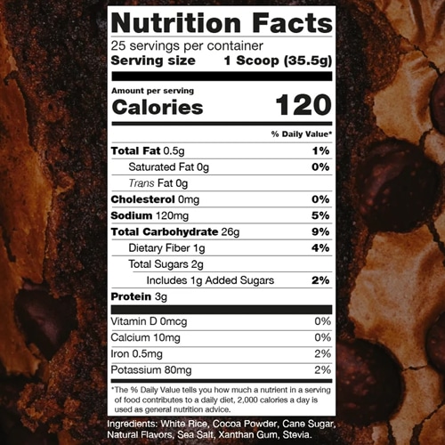 Tabla de información nutricional de Raw Crema de Arroz con gramos de carbohidratos complejos y cero azúcar por porción