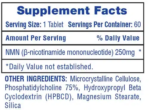 Tabla nutricional e ingredientes de Hi-Tech Pharmaceuticals NMN 250mg⁠