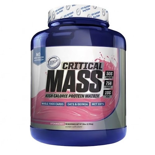 Bote de Critical Mass Hi-Tech Pharma 5 lbs en fondo moderno Nutrition Depot Sabor fresa