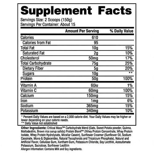 Tabla nutricional de ingredientes y perfil de macros de Critical Mass Hi-Tech Pharma