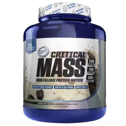 Bote de Critical Mass Hi-Tech Pharma 5 lbs en fondo moderno Nutrition Depot Sabor galletas con crema