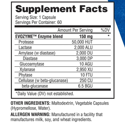 Tabla nutricional e ingredientes de Evogen Evozyme mostrando mezcla de 11 enzimas y BioPerine